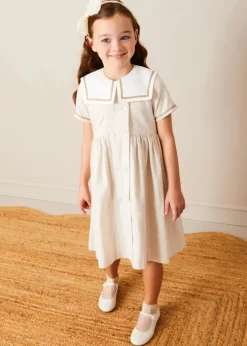 Pepa London Waterford Striped Mariner Collar Double Breasted Short Sleeve Dress in Beige (12mths-10yrs)