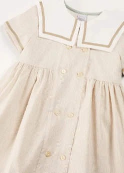 Pepa London Waterford Striped Mariner Collar Double Breasted Short Sleeve Dress in Beige (12mths-10yrs)