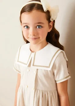 Pepa London Waterford Striped Mariner Collar Double Breasted Short Sleeve Dress in Beige (12mths-10yrs)