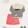 BOY Pepa London Whale Intarsia Striped Jumper in Blue (6mths-10yrs) | Waterford Striped Polo Collar Short Sleeve Top in Beige (12mths-4yrs) | Plain Linen Toddler Shorts in Red (12mths-4yrs) | Woven T-Bar Baby Shoes in Navy (20-26EU)