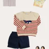 BOY Pepa London Whale Intarsia Striped Jumper in Red (6mths-6yrs) | Beaufort Striped Mao Collar Long Sleeve Shirt in Blue (18mths-10yrs) | Classic Turn-up Hem Cotton Shorts in Navy (12mths-4yrs) | Canvas Plimsolls in Navy (20-35EU)