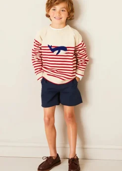 BOY Pepa London Whale Intarsia Striped Jumper in Red (6mths-6yrs) | Linen Mao Collar Long Sleeve Shirt in White (12mths-10yrs) | Classic Smart Shorts in Navy (4-10yrs) | Leather Boat Shoes in Tan (26-34EU) | Navy Belt