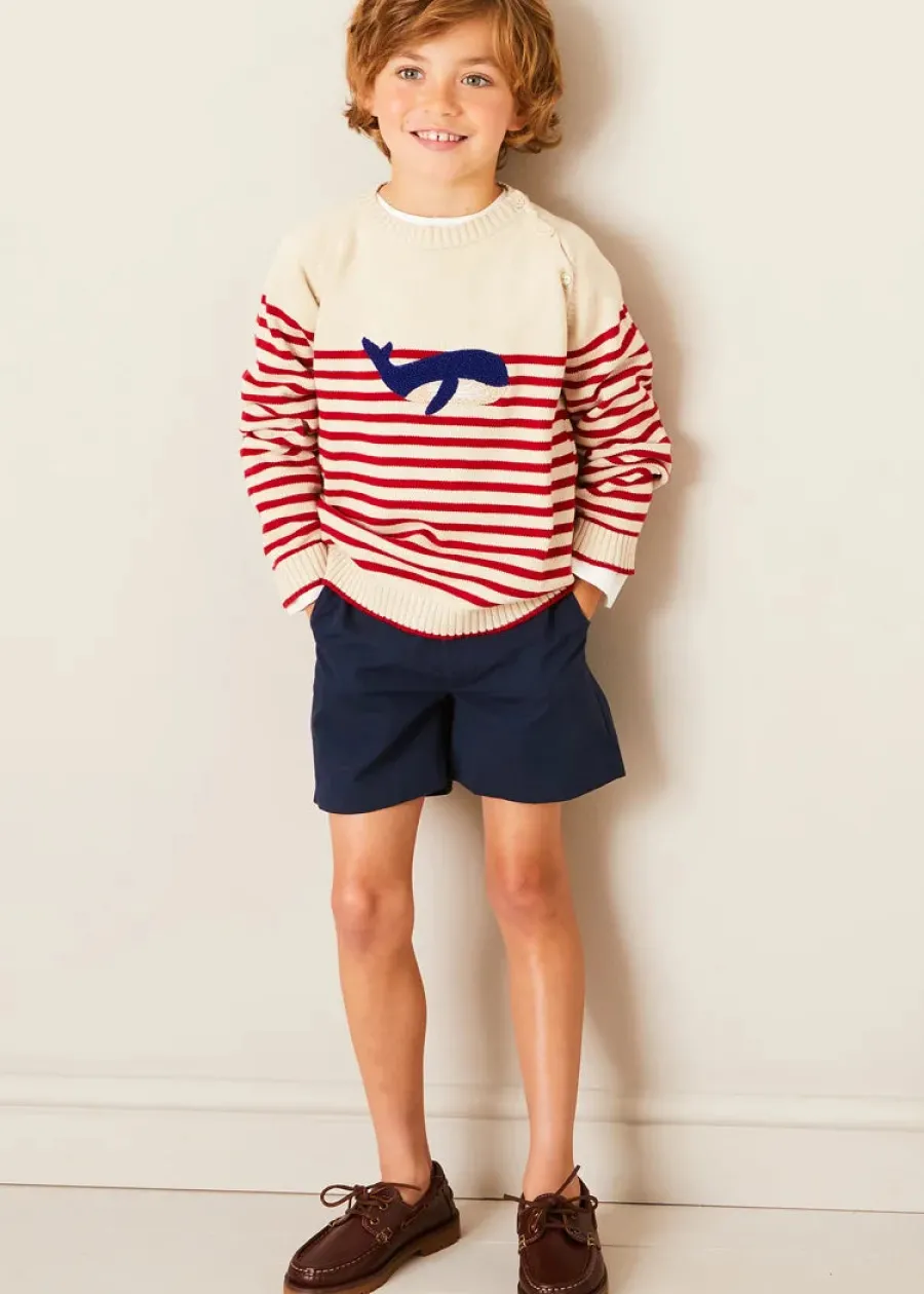 BOY Pepa London Whale Intarsia Striped Jumper in Red (6mths-6yrs) | Linen Mao Collar Long Sleeve Shirt in White (12mths-10yrs) | Classic Smart Shorts in Navy (4-10yrs) | Leather Boat Shoes in Tan (26-34EU) | Navy Belt