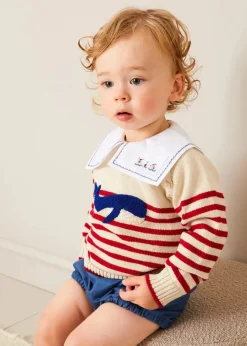 BOY Pepa London Whale Intarsia Striped Jumper in Red (6mths-6yrs) | Boat Embroidery Statement Collar Short Sleeve Bodysuit in White (3mths-2yrs) | Plain Button Detail Bloomers in Blue (3mths-3yrs) | T-Bar Baby Shoes in Blue (20-26EU) | Ribbed Short Socks in Beige (0mths-10yrs) | Model Toy Car in Red