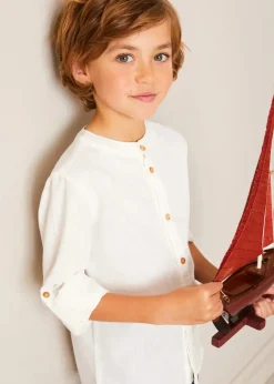 BOY Pepa London Whale Intarsia Striped Jumper in Red (6mths-6yrs) | Linen Mao Collar Long Sleeve Shirt in White (12mths-10yrs) | Classic Smart Shorts in Navy (4-10yrs) | Leather Boat Shoes in Tan (26-34EU) | Navy Belt
