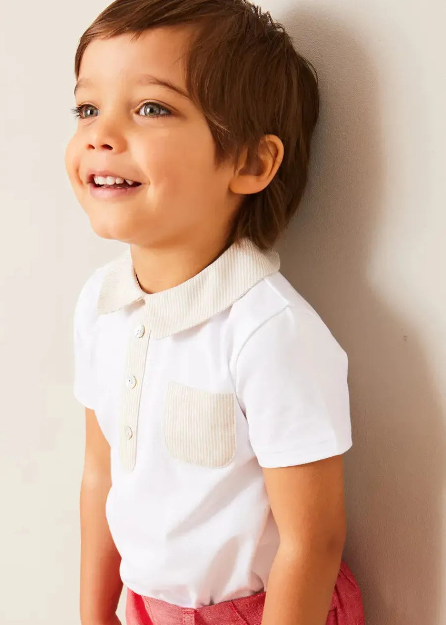 BOY Pepa London Whale Intarsia Striped Jumper in Blue (6mths-10yrs) | Waterford Striped Polo Collar Short Sleeve Top in Beige (12mths-4yrs) | Plain Linen Toddler Shorts in Red (12mths-4yrs) | Woven T-Bar Baby Shoes in Navy (20-26EU)