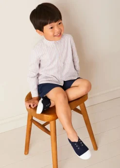 BOY Pepa London Whale Intarsia Striped Jumper in Red (6mths-6yrs) | Beaufort Striped Mao Collar Long Sleeve Shirt in Blue (18mths-10yrs) | Classic Turn-up Hem Cotton Shorts in Navy (12mths-4yrs) | Canvas Plimsolls in Navy (20-35EU)